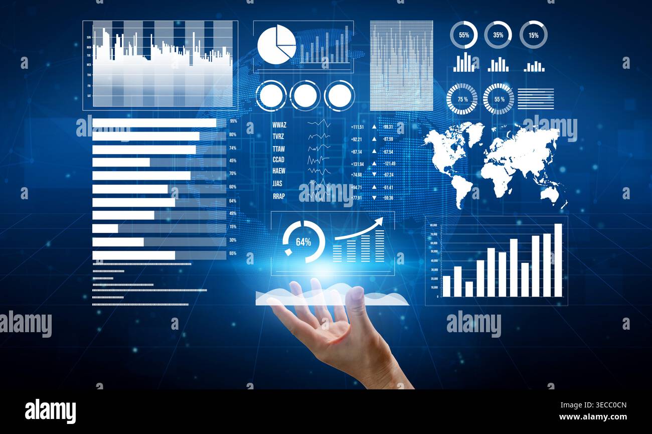 This image showcases a futuristic data visualization interface featuring various charts, graphs, and global analytics elements, highlighting the impor Stock Photo
