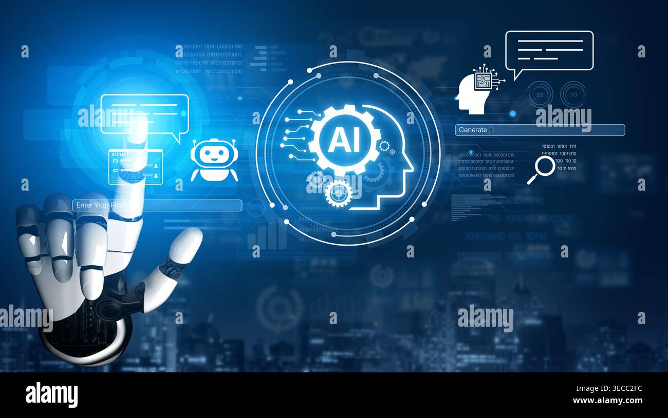 A generative AI assistant displays its own user interface. This platform is designed for users to enter prompts, interact with the AI chatbot, and gen Stock Photo