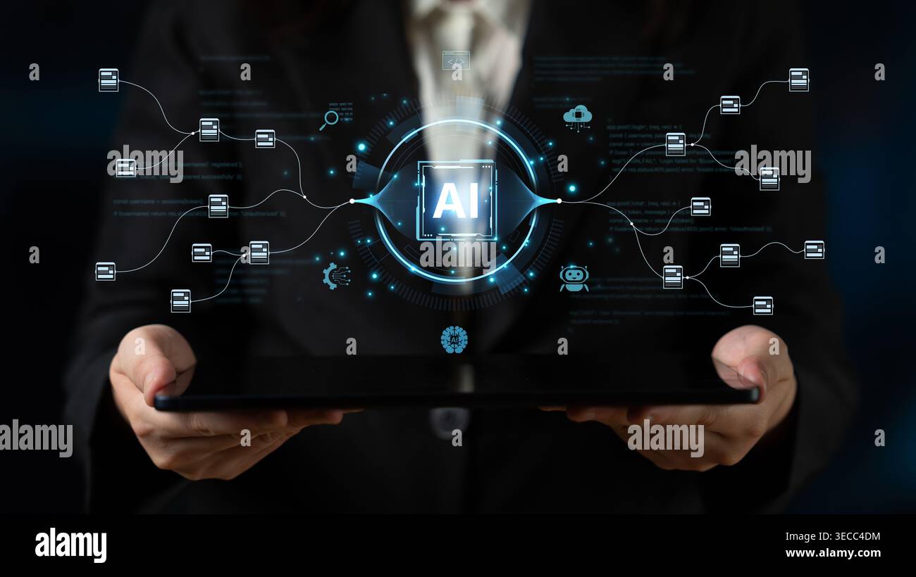 An AI-powered system for automating data workflows. The central intelligence processes and distributes information, managing complex data pipelines as Stock Photo