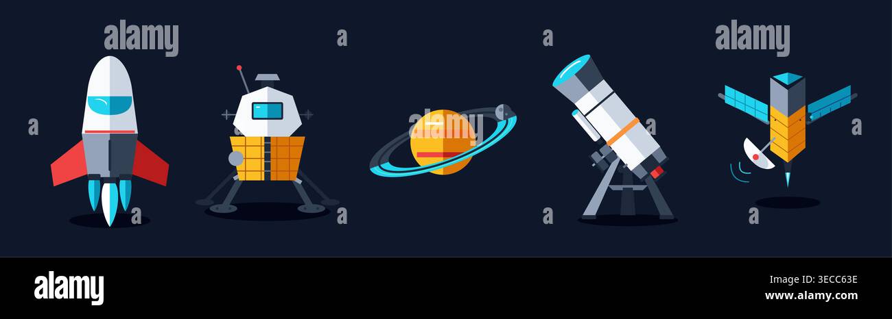 A vibrant flat design illustration set featuring iconic space exploration elements. Includes a rocket, lunar lander, ringed planet, powerful telescope Stock Vector