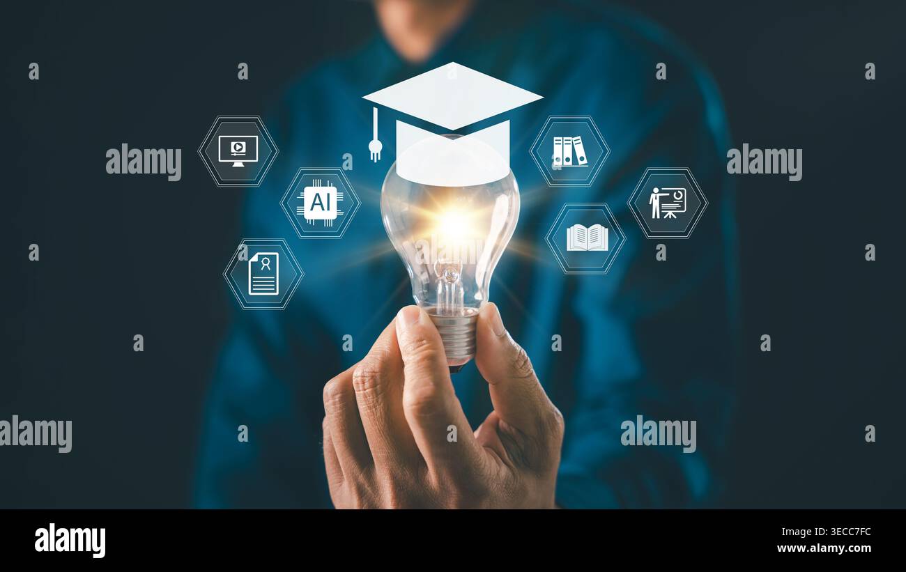 Elearning graduate certificate man holding graduation hat degree study ...