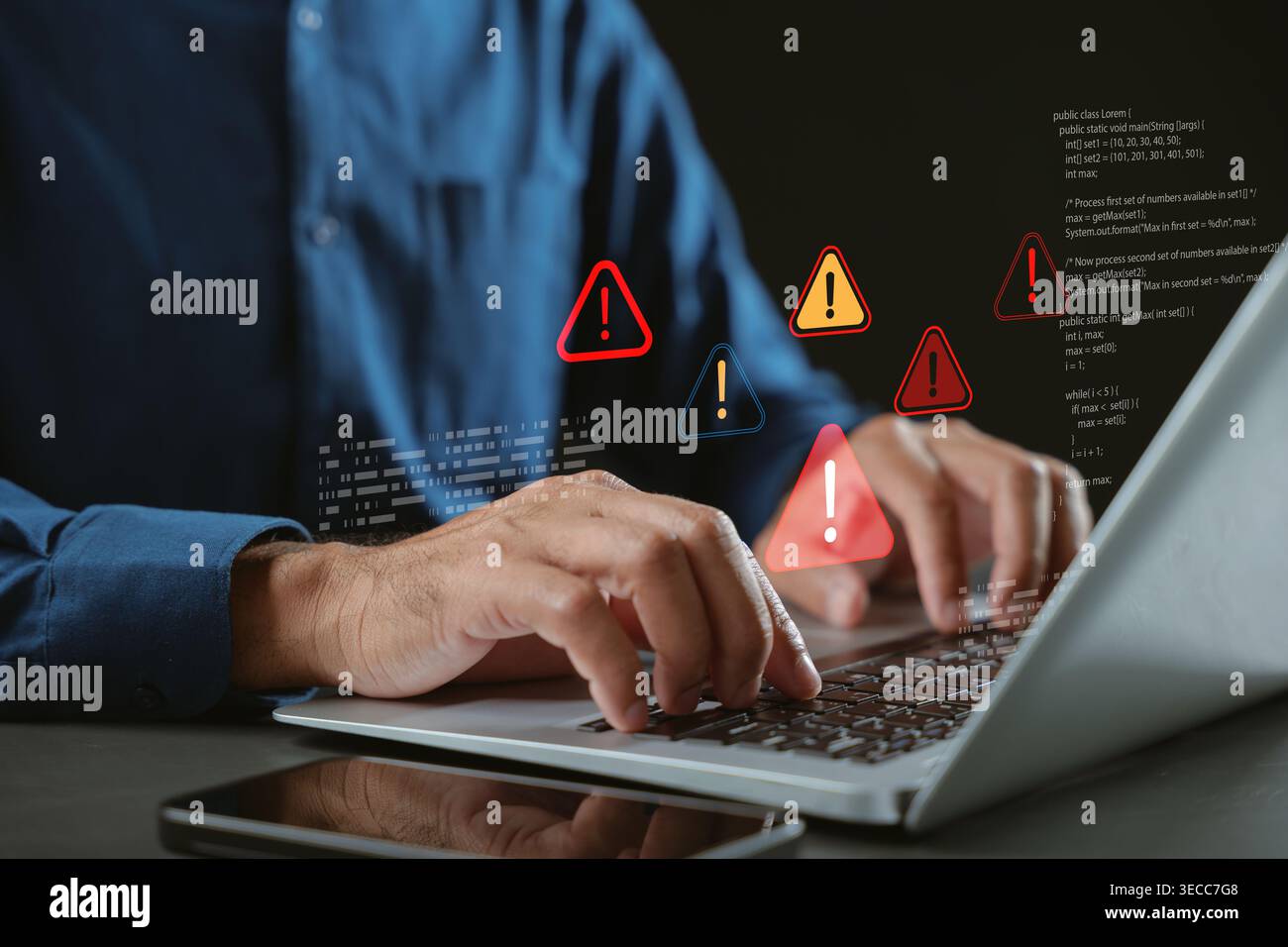 Warning computer cybersecurity threats hacking ransomware phishing triangle caution signs appear while user types on laptop, representing spyware cybe Stock Photo