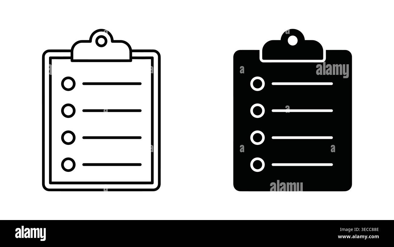 Clipboard business document collection in solid and outline styles, representing tasks, checkmarks, notes, and records. Stock Vector