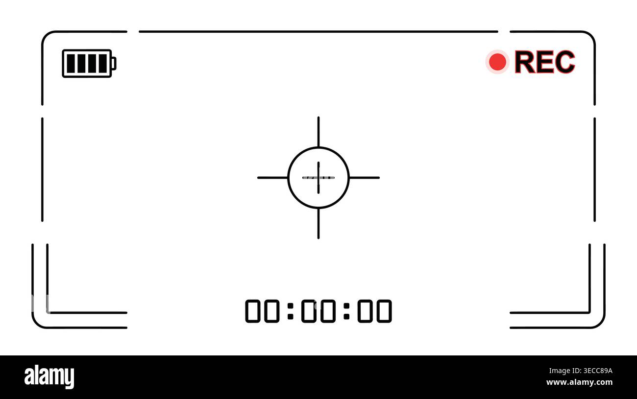 Camera viewfinder interface collection, minimalist linear format, recording status, battery level, frame focus, and timer. Stock Vector