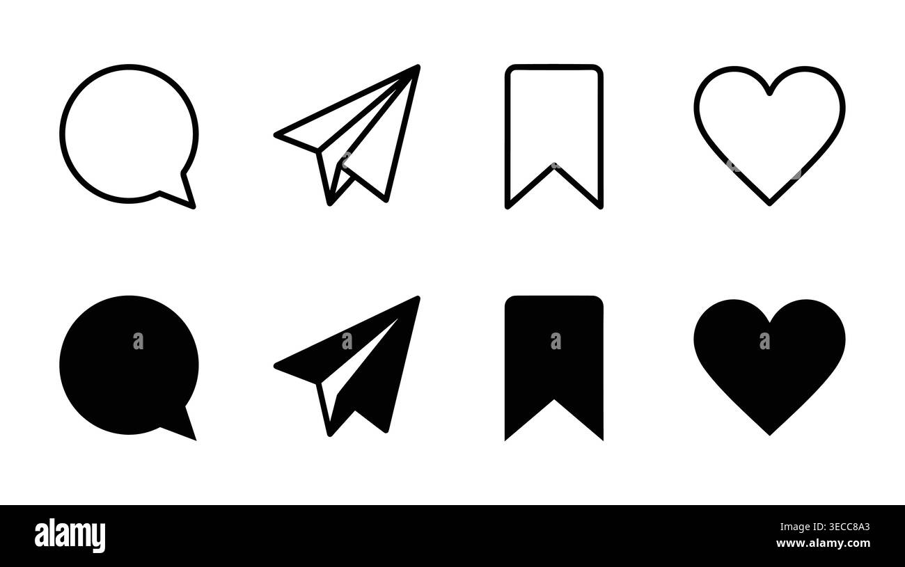 Social media user interface icon set in simple linear and solid black, chat, arrow, bookmark, love, and interface Stock Vector