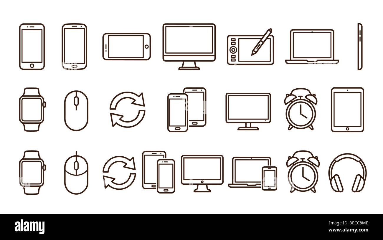 Electronic technology hardware icon collection in linear style, including gadgets, computing, displays, connectivity, and peripherals. Stock Vector