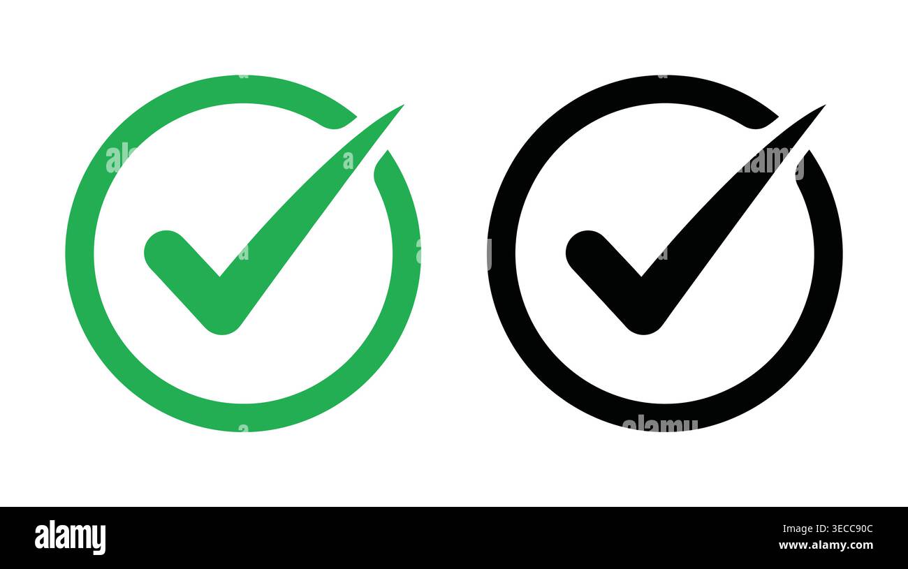 Correct status indicators within a minimal symbol collection, solid vector format, completion, approval, success, accuracy, and validation. Stock Vector