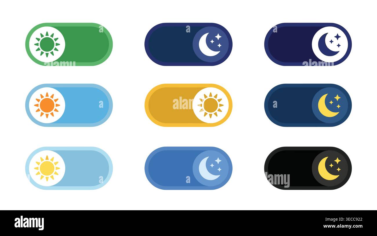 Day and night interface toggle switch control collection, flat vector elements including sun, moon, stars, and time. Stock Vector