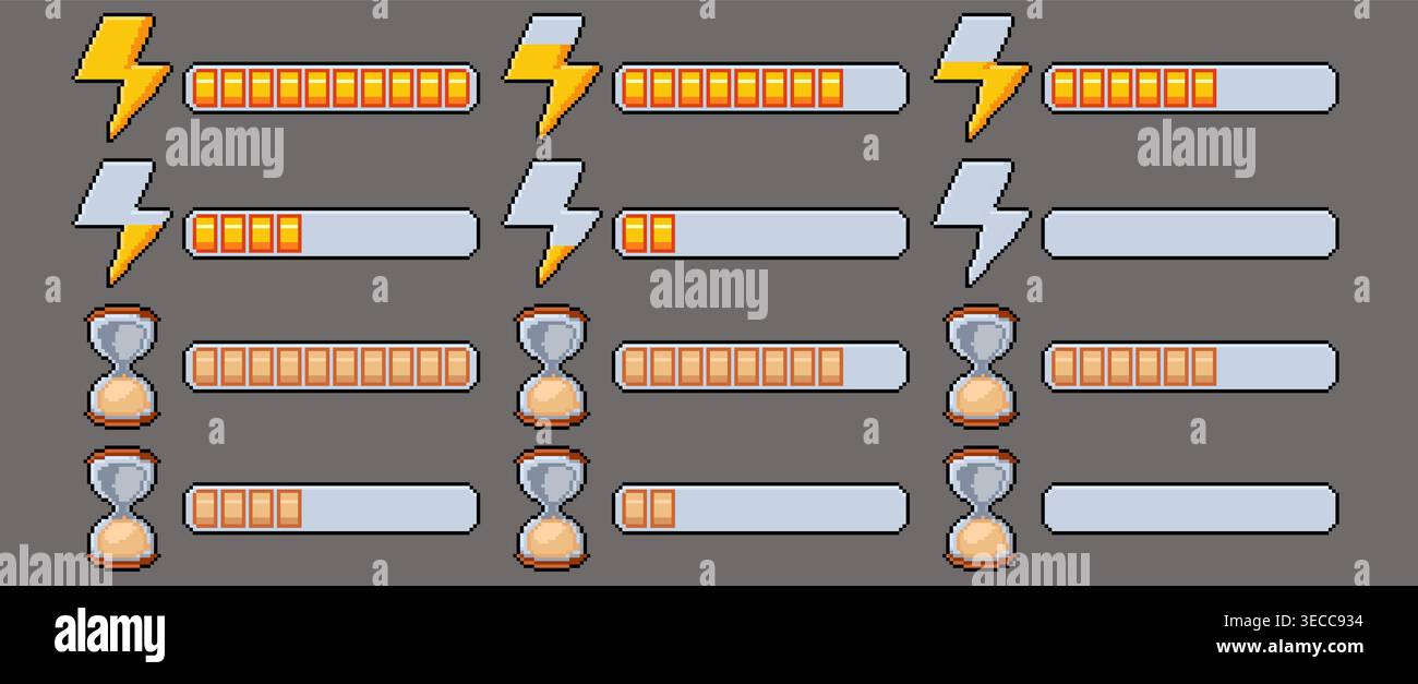 Pixel art game bars, lightning for battery score progress, energy meter ...