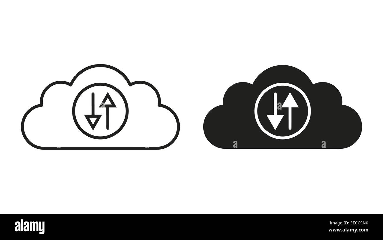 Cloud data transfer icon collection, flat monochromatic symbols for networking, storage, sync, connection, and update Stock Vector