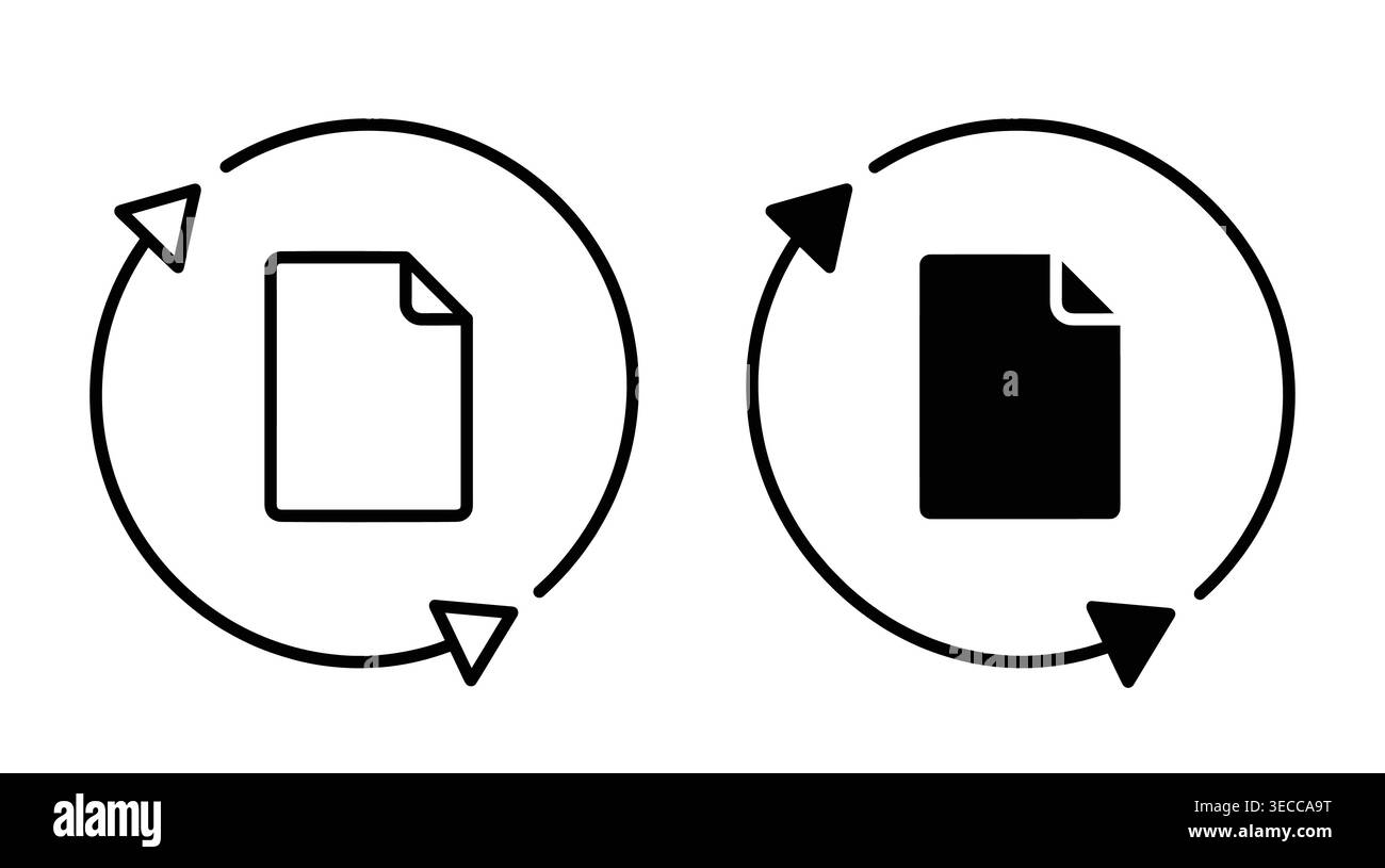 Document synchronization icon set in simple linear and solid shapes, representing file update, refresh, swap, and reload Stock Vector