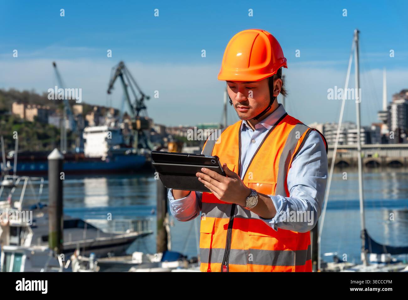 Port worker managing logistics using digital tablet Stock Photo