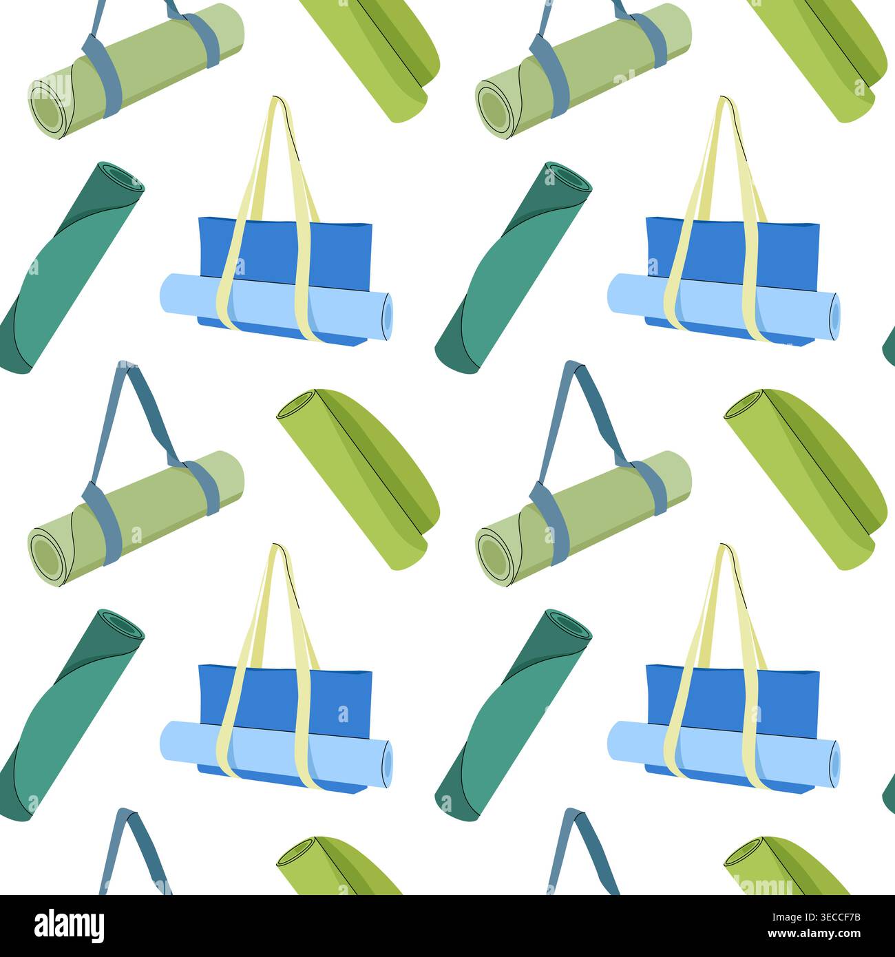 Seamless pattern with rolled yoga mats and sport bags in flat vector style illustration Stock Vector