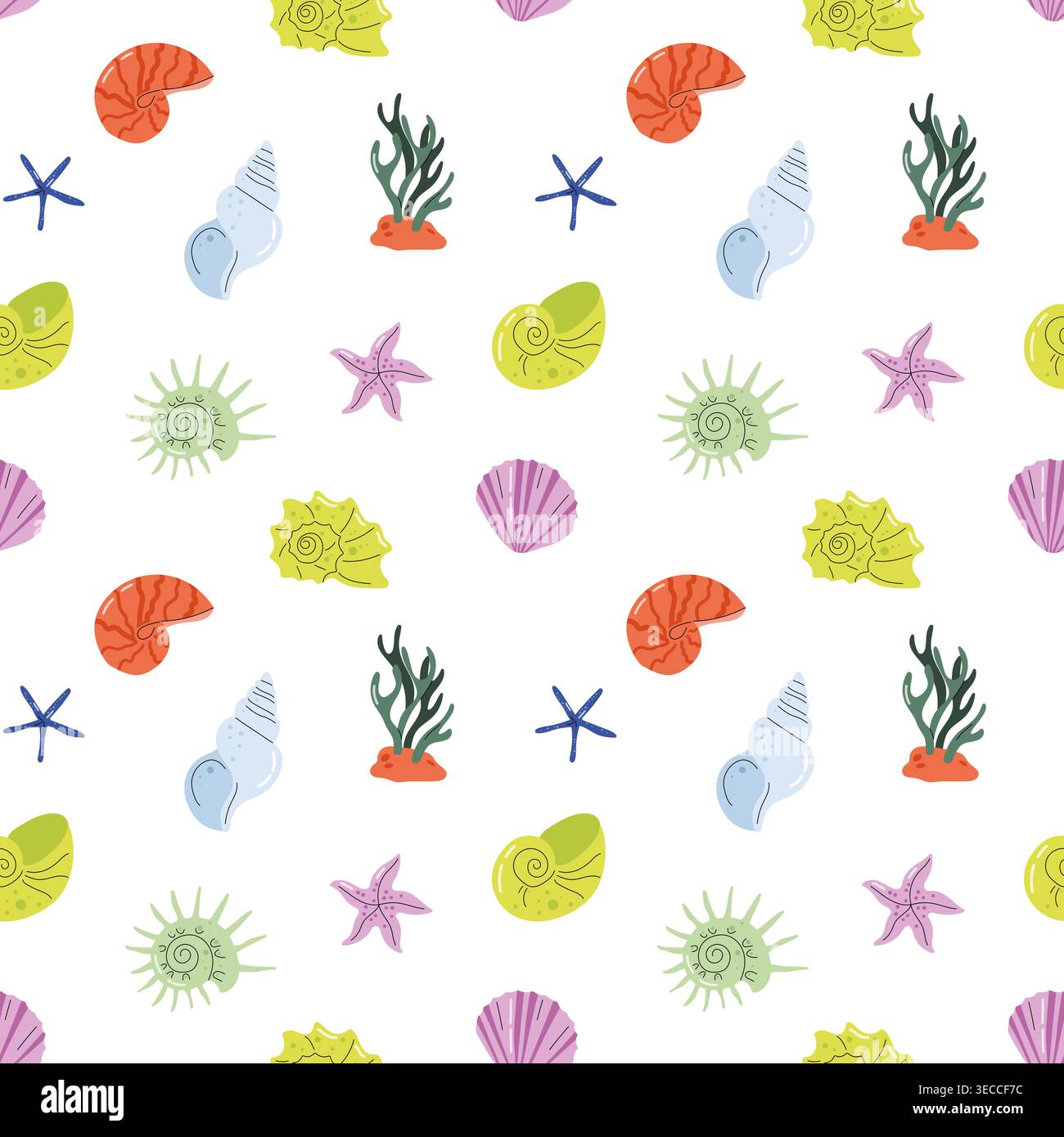 Seamless pattern with colorful flat vector sea shells and starfish on white background vector Stock Vector