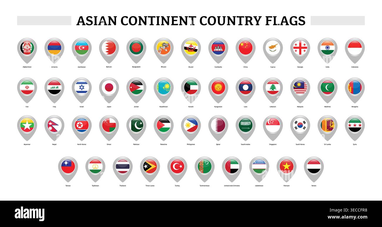 Asian country flags pin map markers isolated vector set Stock Vector