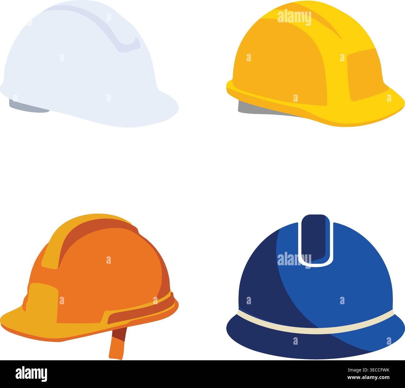 A flat illustration set featuring different styles of construction safety helmets in various colors. Stock Vector