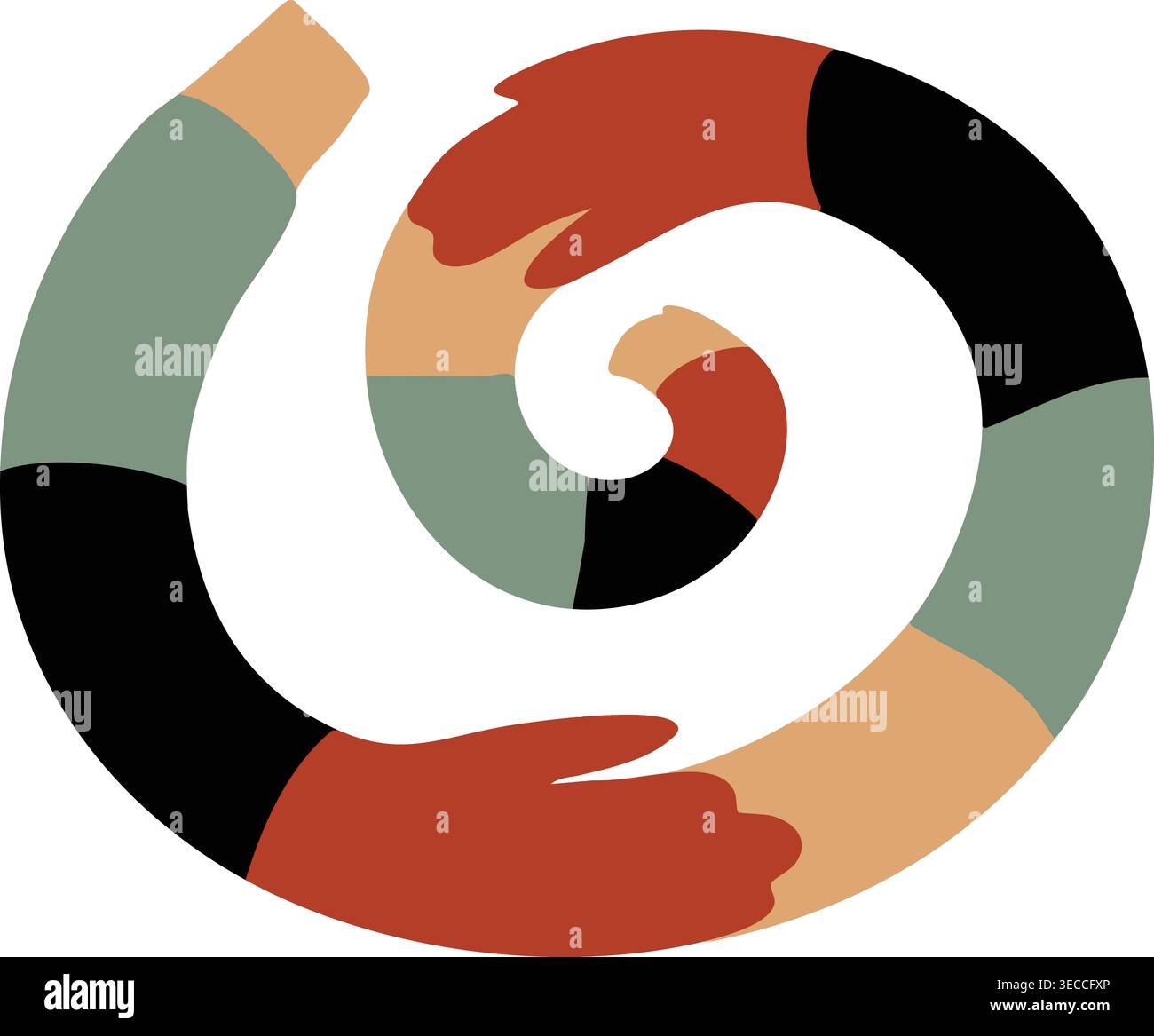 Simple illustration of multiple hands in different skin tones forming a ...