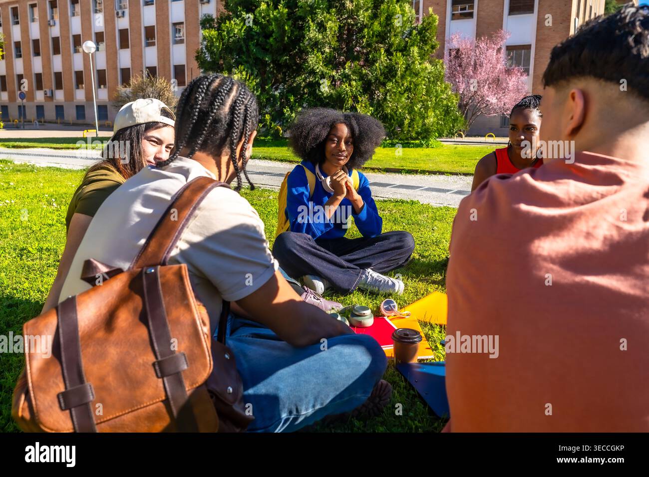 Diverse students discussing learning on university campus grass Stock Photo
