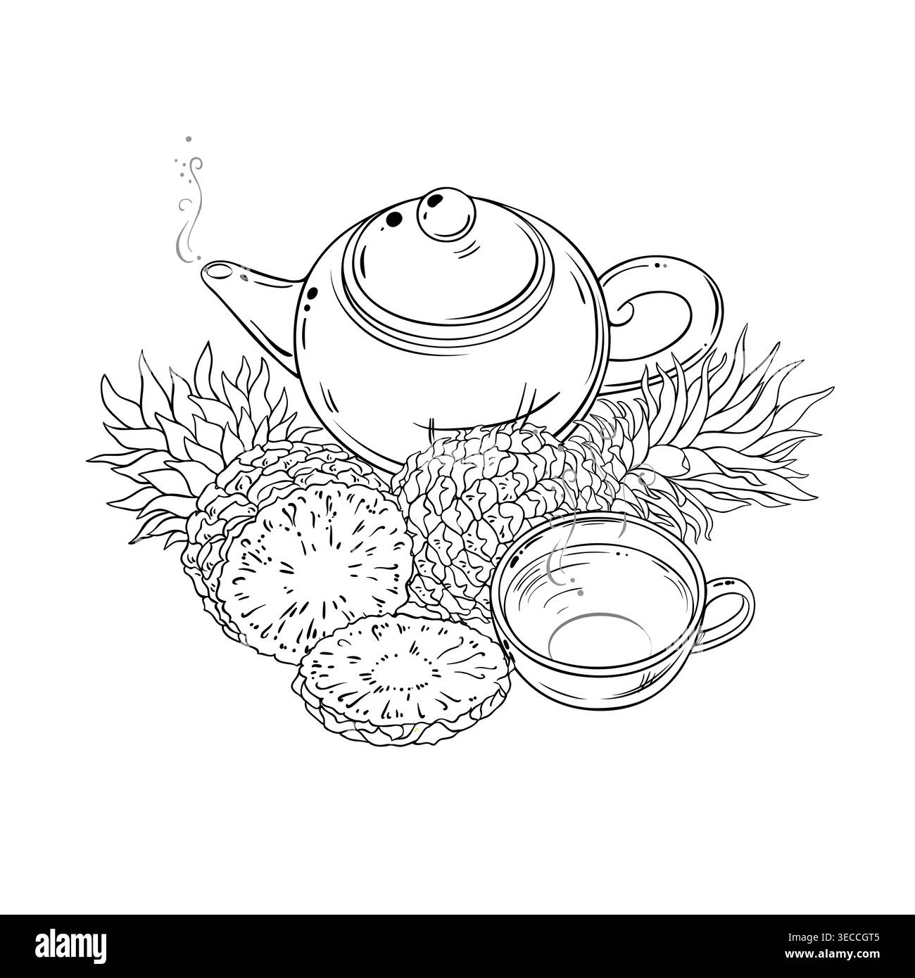Pineapple Tea in Teapot Outline Illustration. Stock Vector
