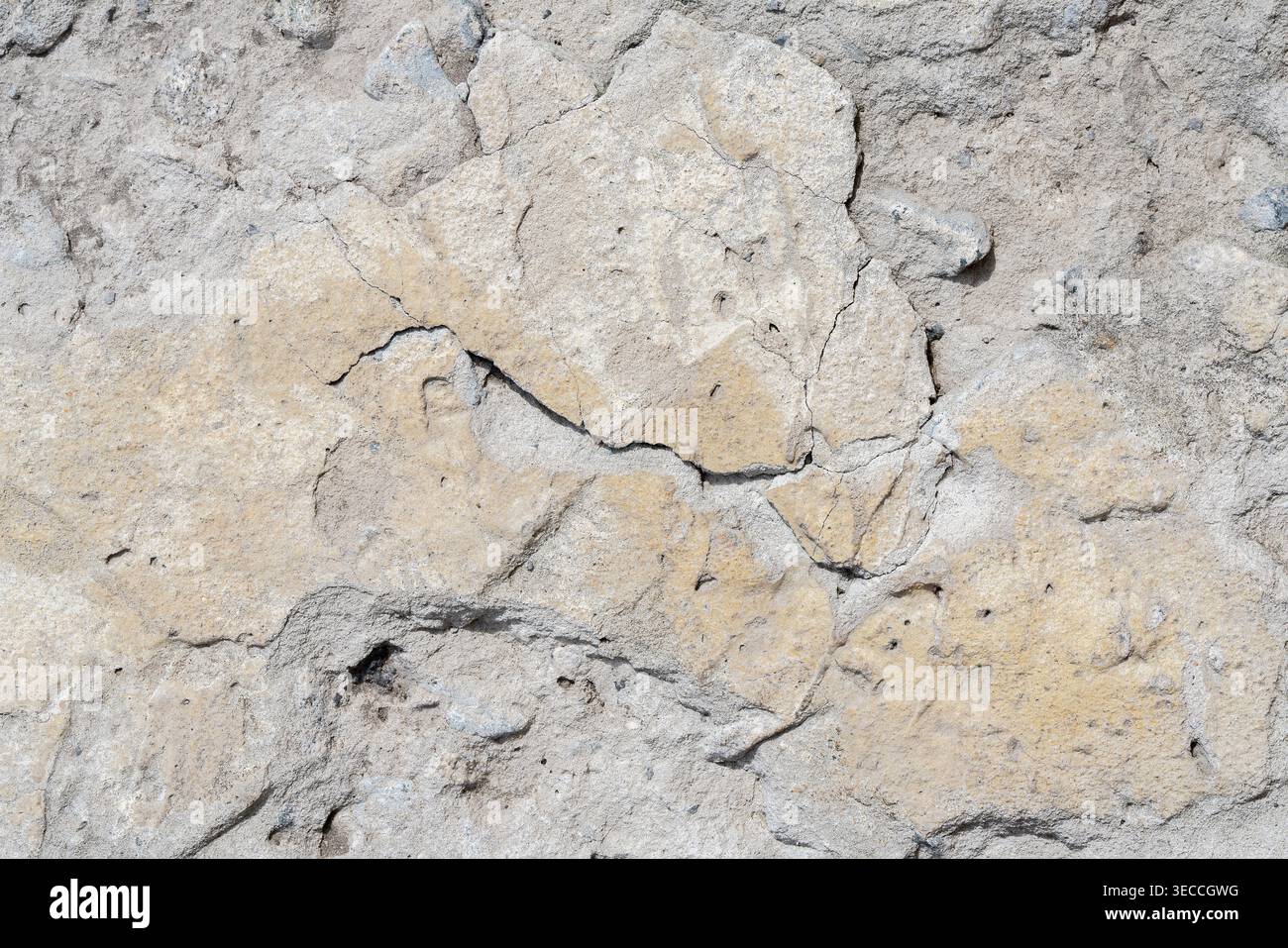 Front view macro shot of an old decayed concrete wall with deep holes and cracks Stock Photo