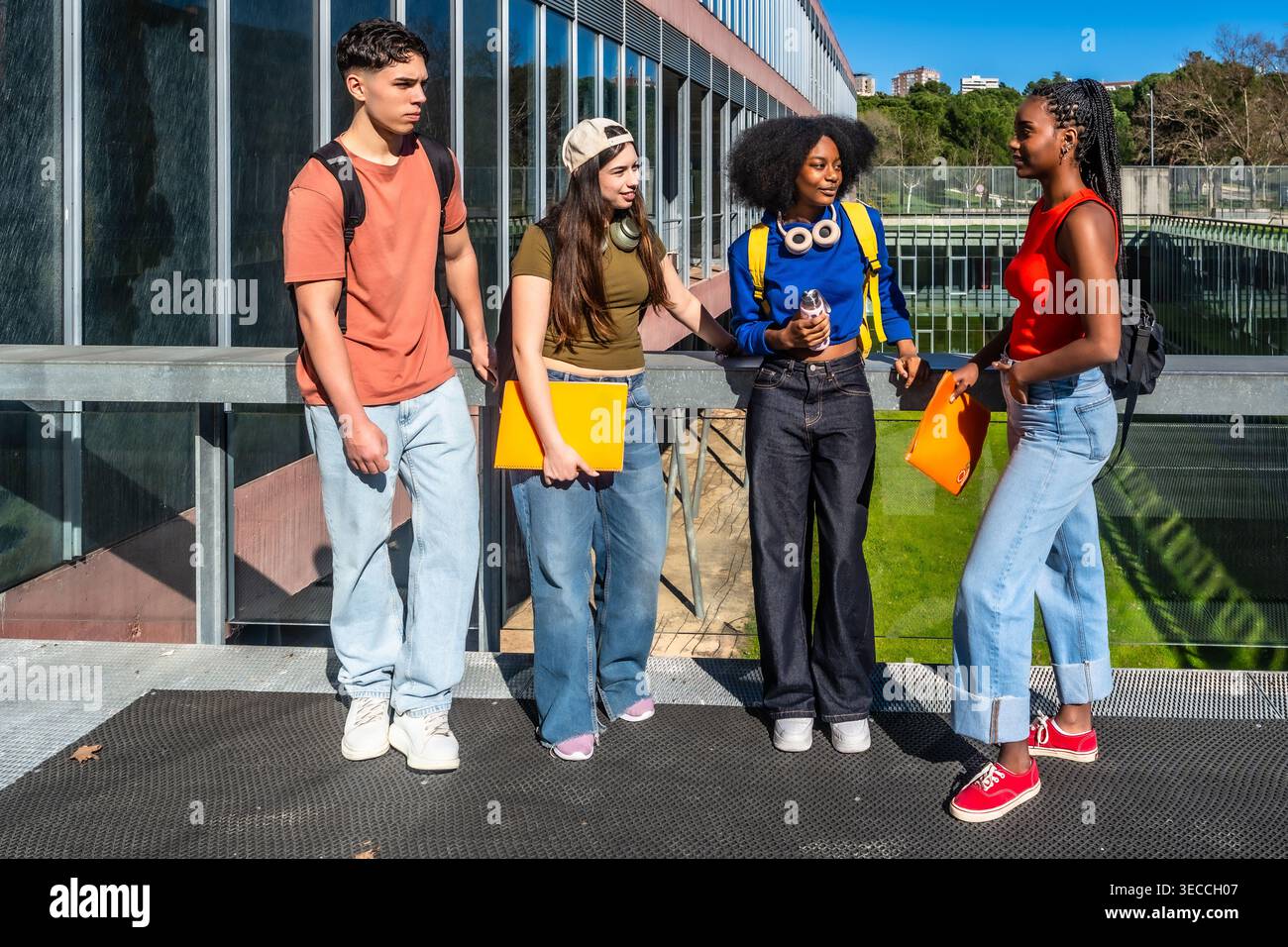Diverse students conversing on university campus Stock Photo