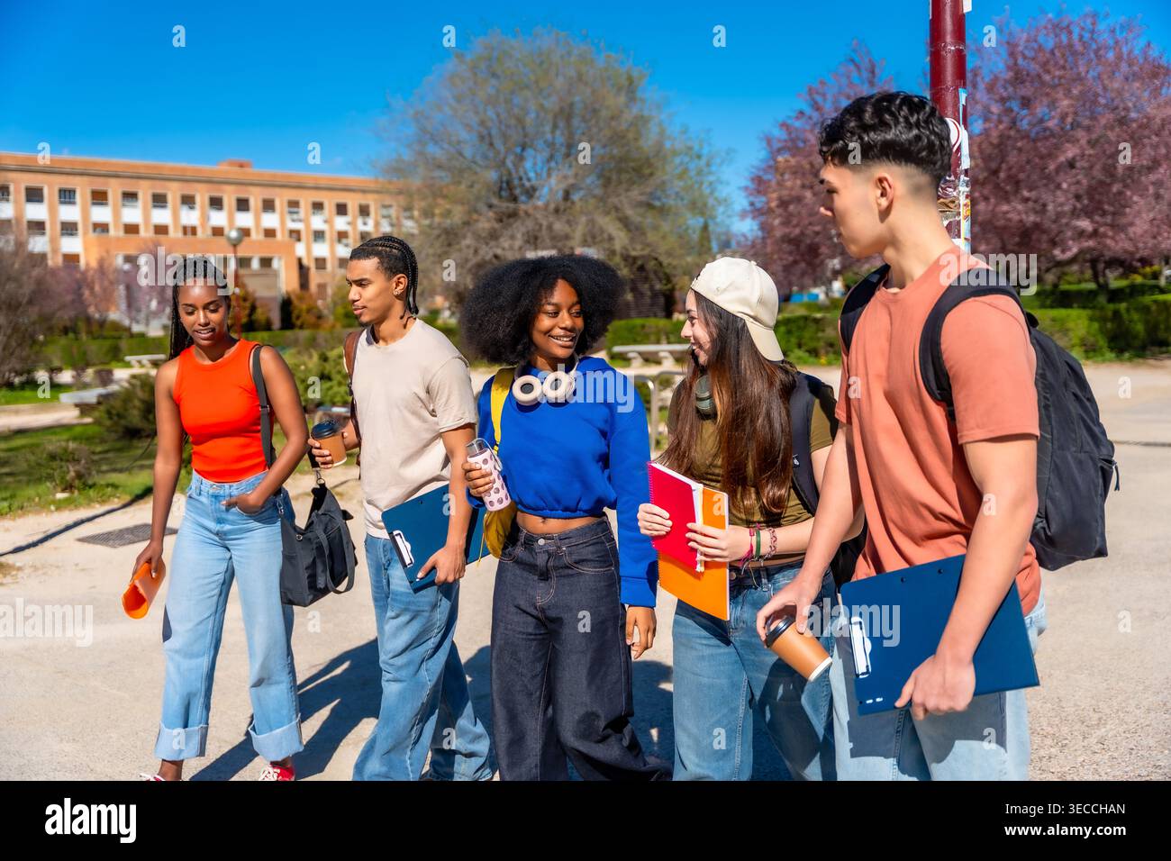 Diverse university students walking and talking on campus Stock Photo