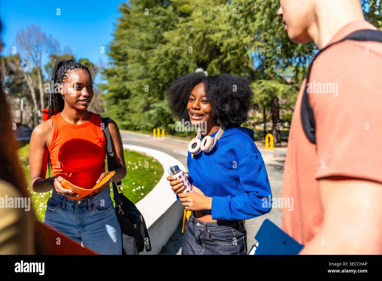 Diverse students conversing and learning on university campus Stock Photo