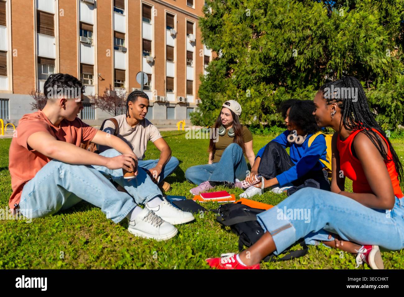 Diverse students relaxing, talking on university campus grass Stock Photo