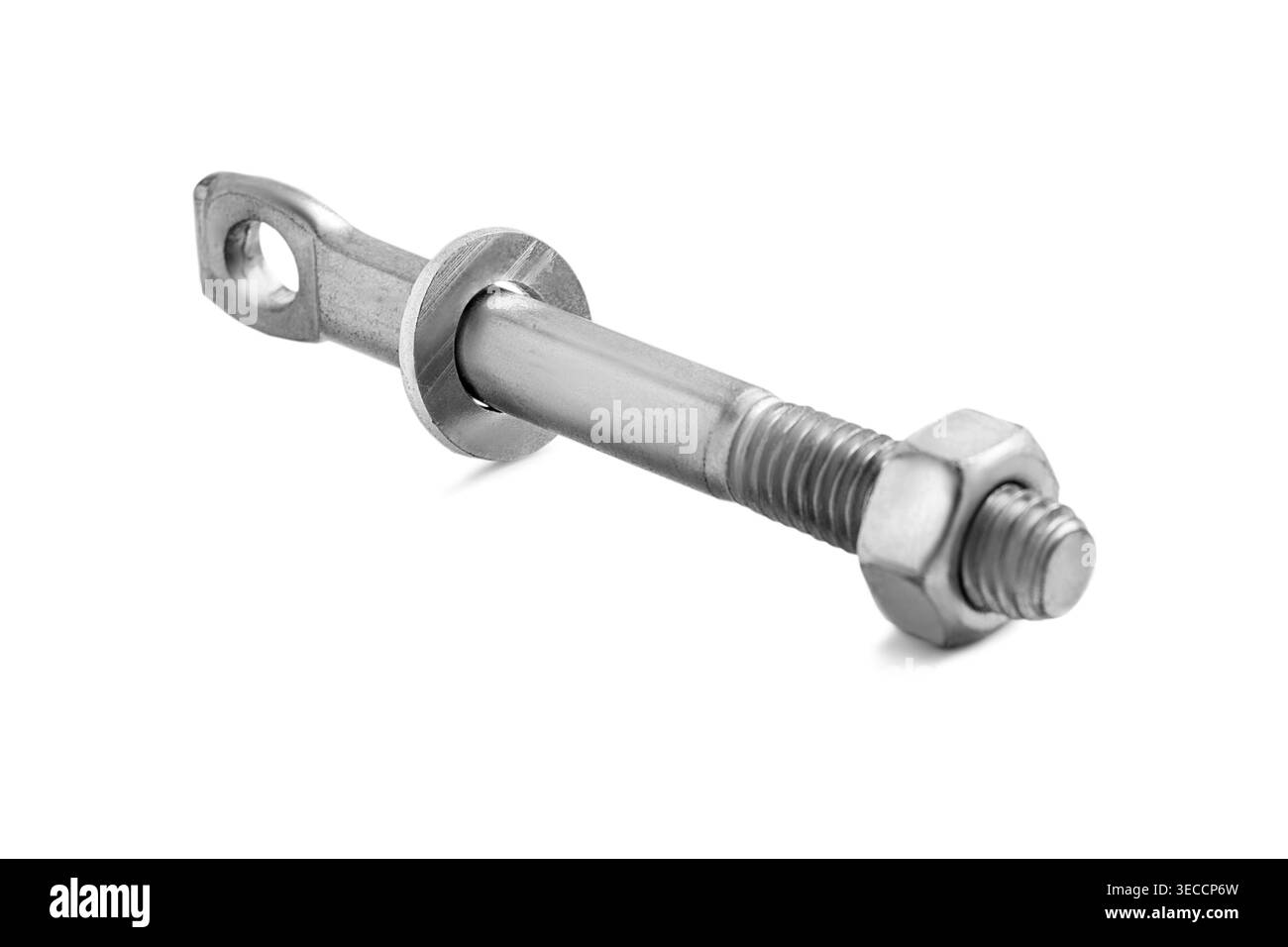 Steel anchor bolt with a nut lying on white background Stock Photo