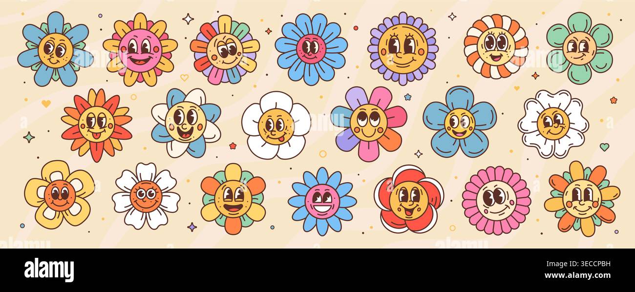 Cartoon cute groovy vector daisy flower chamomiles Stock Vector