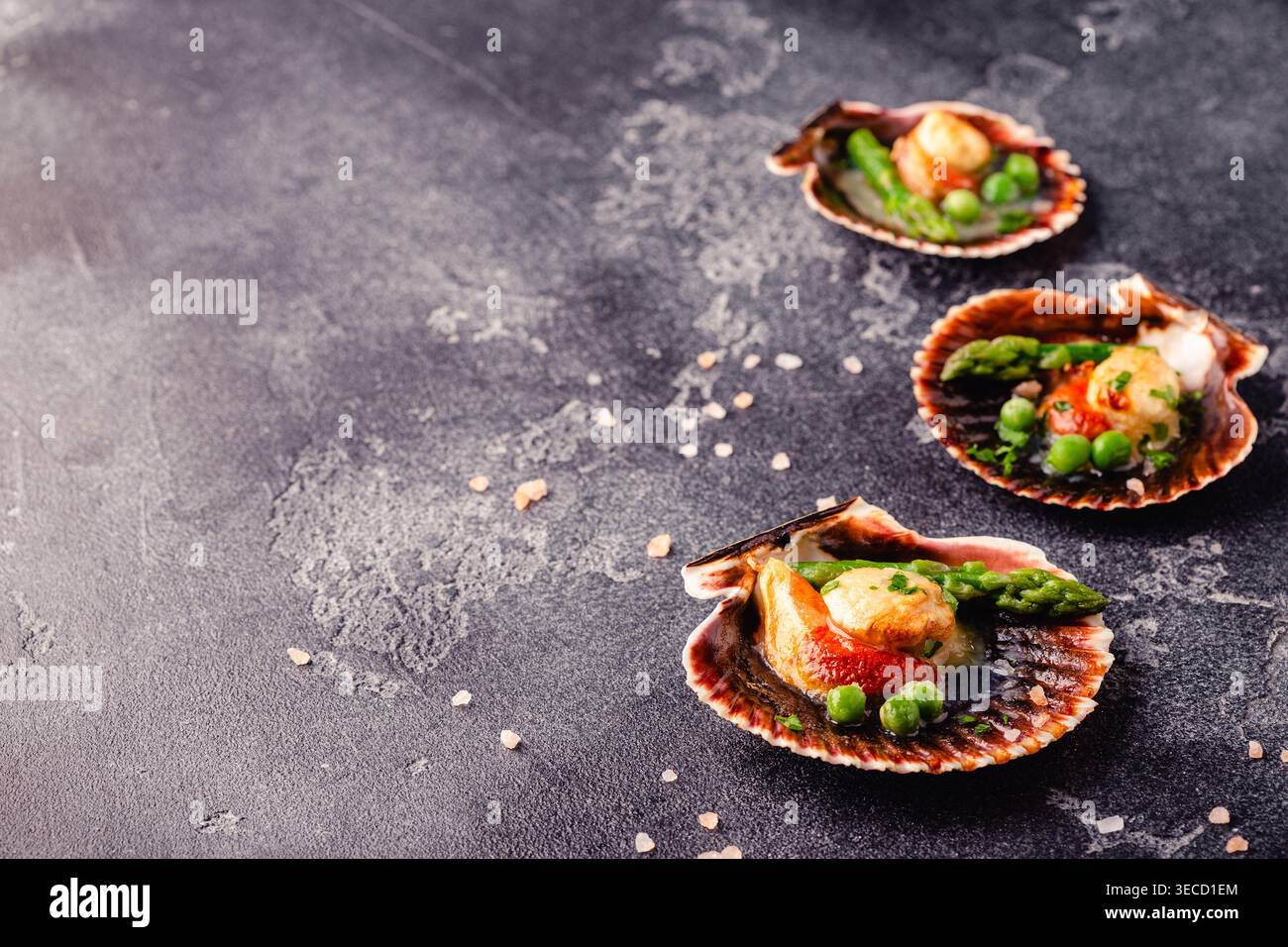 Cooked scallops with vegetables on a dark background Stock Photo