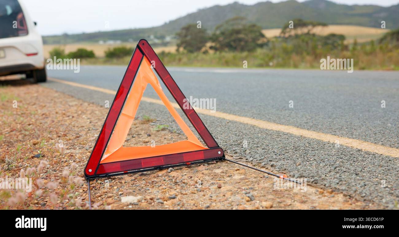 Roadside, warning and triangle for travel caution for attention ...