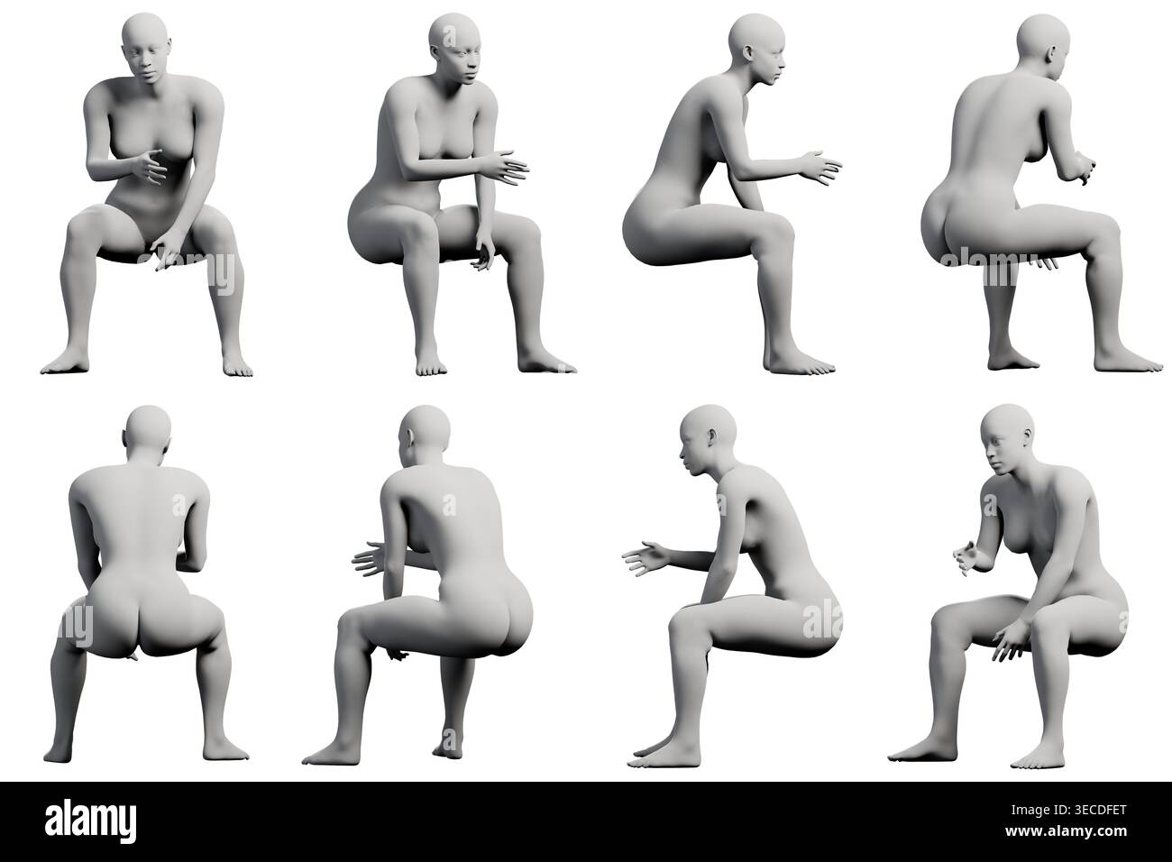A 3D figure model sitting in various poses, captured from multiple ...