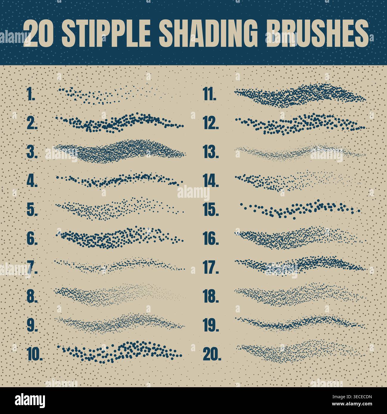 Ink scatter brush, stipple drawing and texturing. Fading gradient. Stippling, dotwork drawing, shading using dots. Halftone disintegration effect Stock Vector