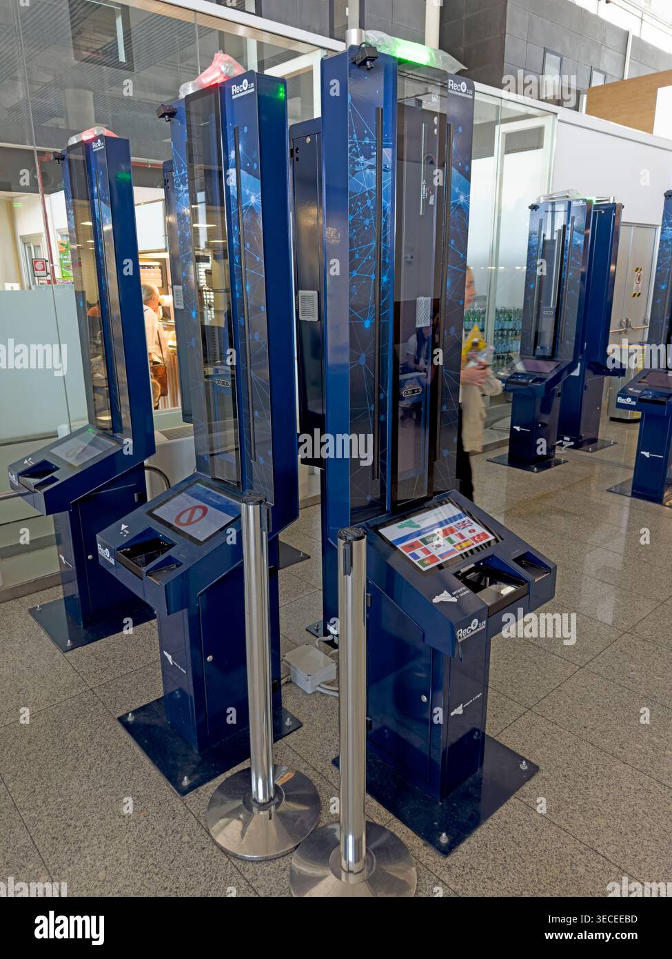 Blue Reco 3.26 automated passport eGates at an Italian non-Schengen airport border, using biometrics for EES passport control. Stock Photo