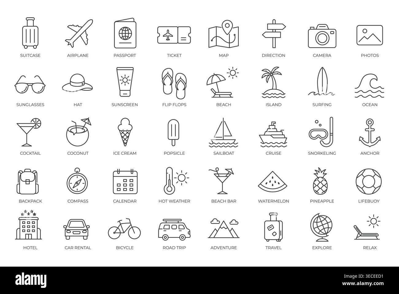 Minimal thin line summer travel icon set with vacation elements Stock Vector