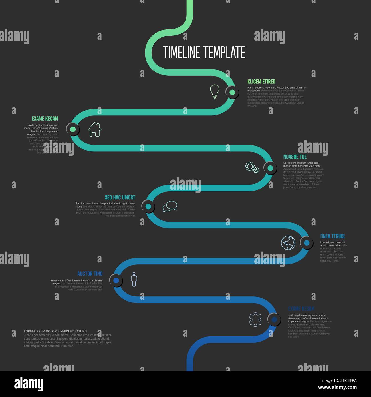 Timeline Features This modern timeline template features a vertical curvy timeline path ...