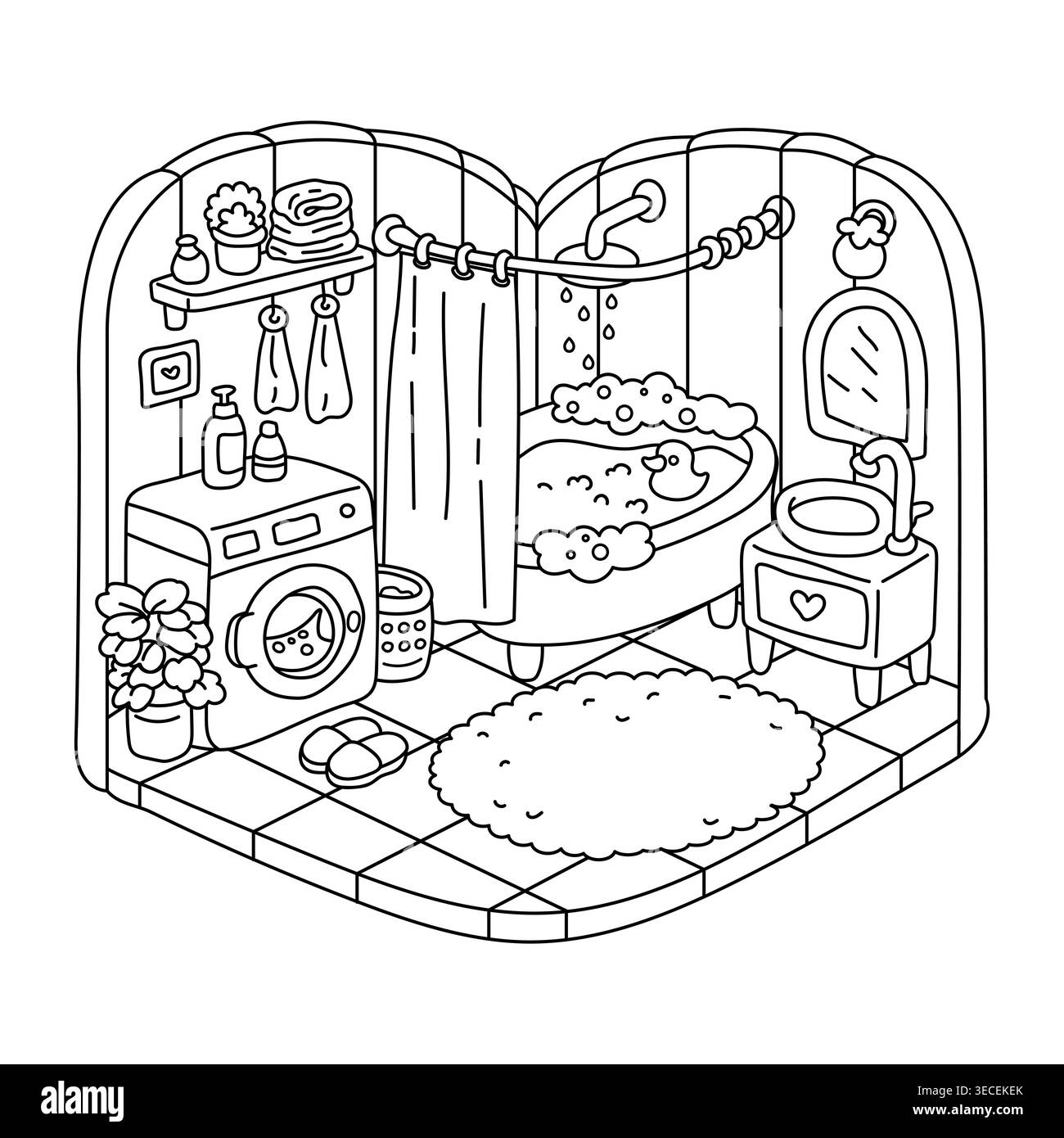 Cozy bathroom interior scene line art for coloring book vector Stock ...