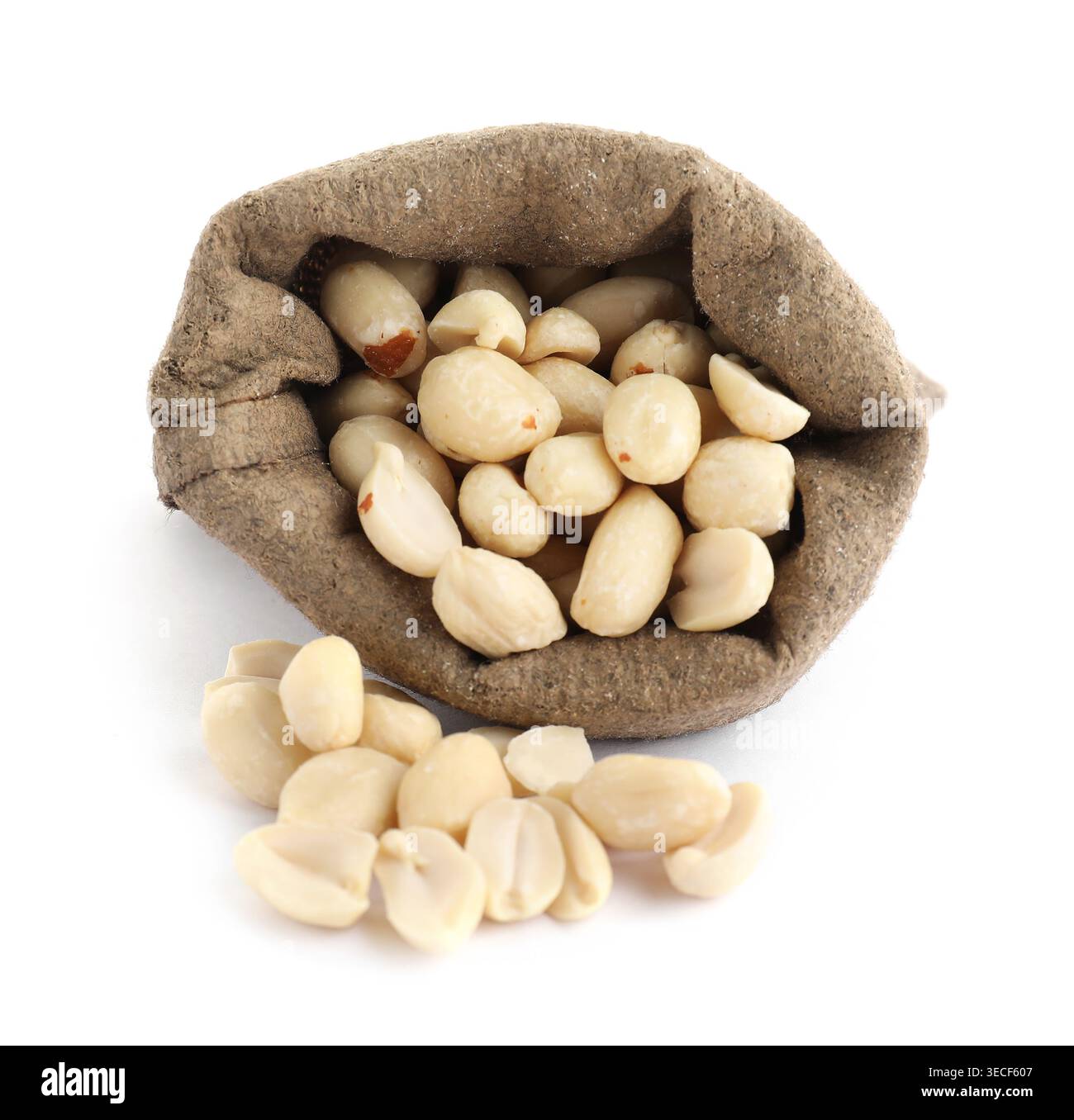 Tasty peanuts in sack isolated on white Stock Photo