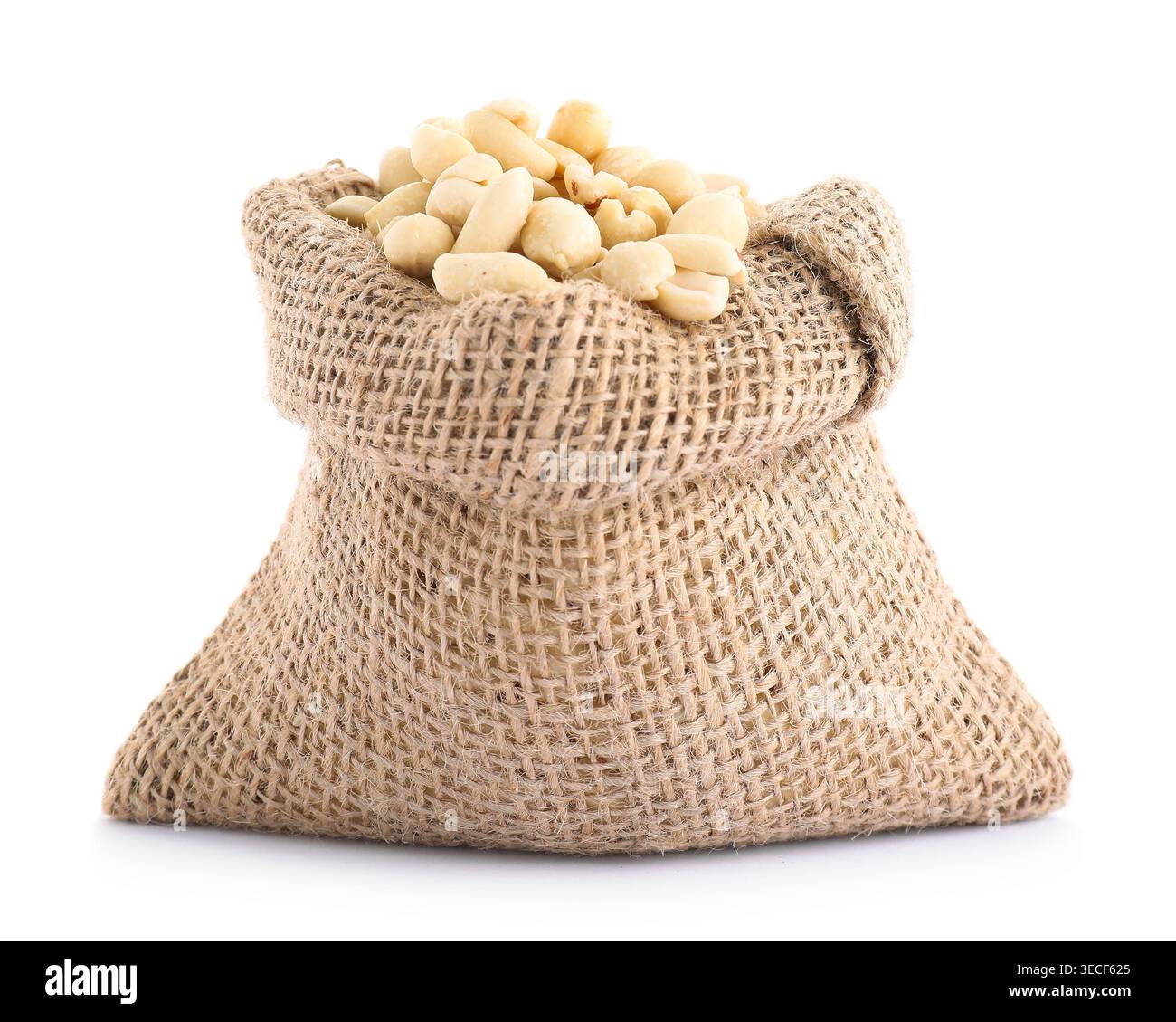 Peanuts in burlap bag isolated on white Stock Photo