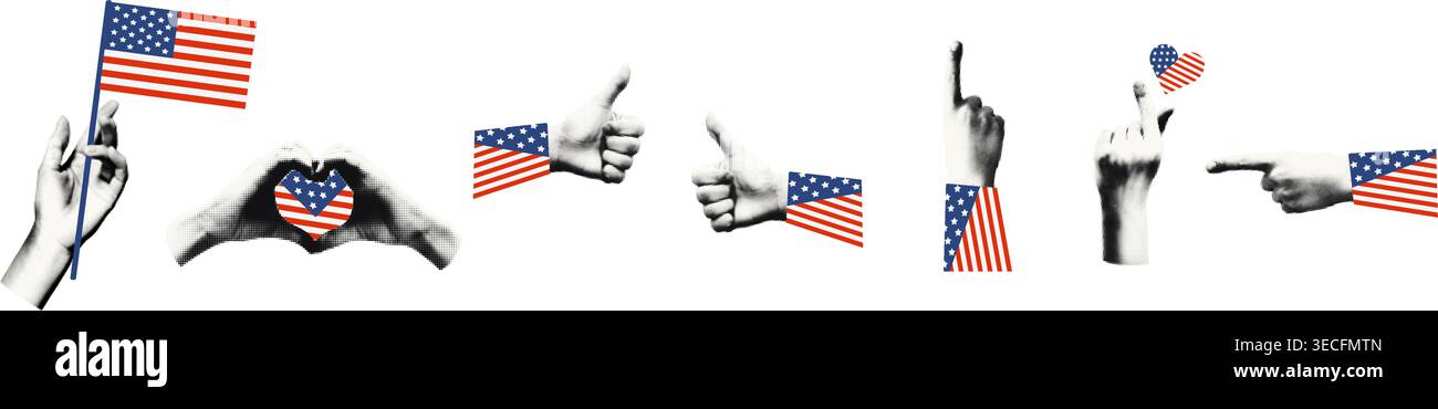 Human hands with American flag halftone collage vector illustration Stock Vector