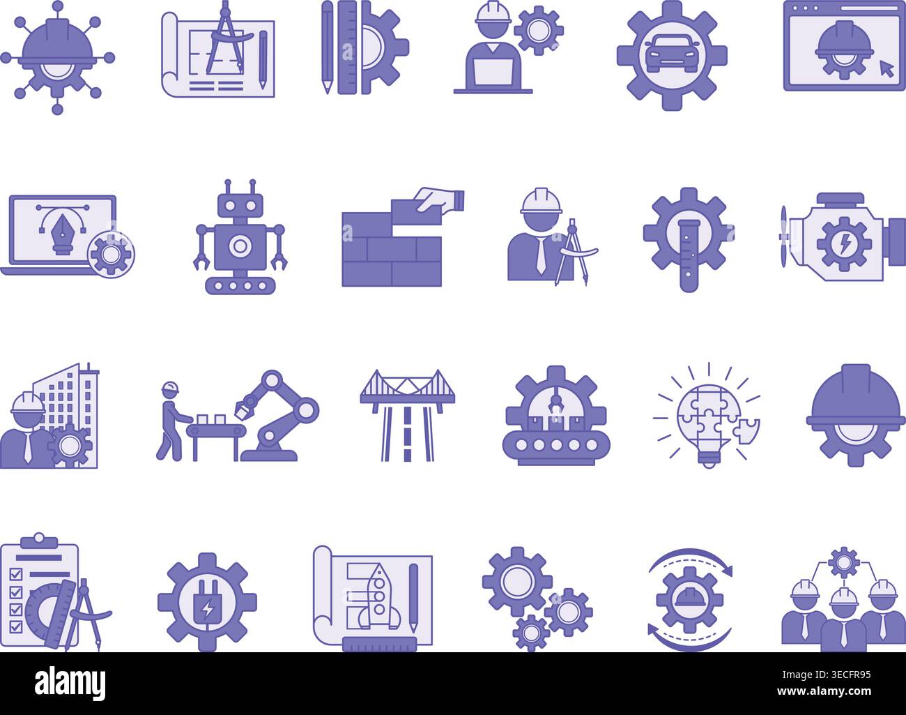 Colored Engineering Icon Set. Vector Illustrations Engineer, Construction, Drawing, Manufacturing, Mechanical Engineering, Design, Robotics, and More Stock Vector