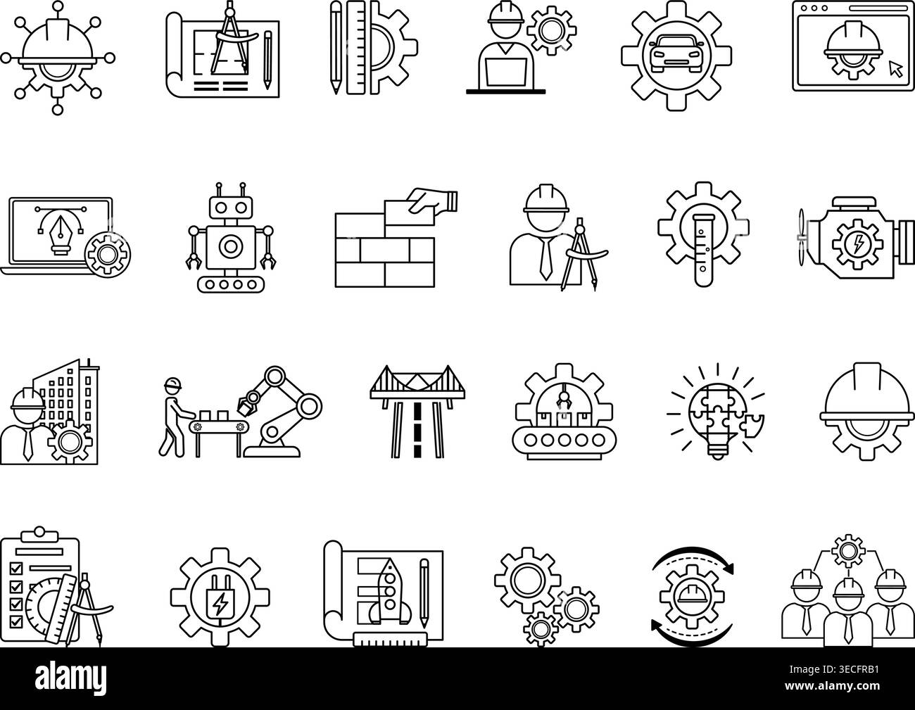 Engineering Icon Set. Vector Illustrations Engineer, Construction, Drawing, Manufacturing, Mechanical Engineering, Robotics, IT Engineering, and More Stock Vector