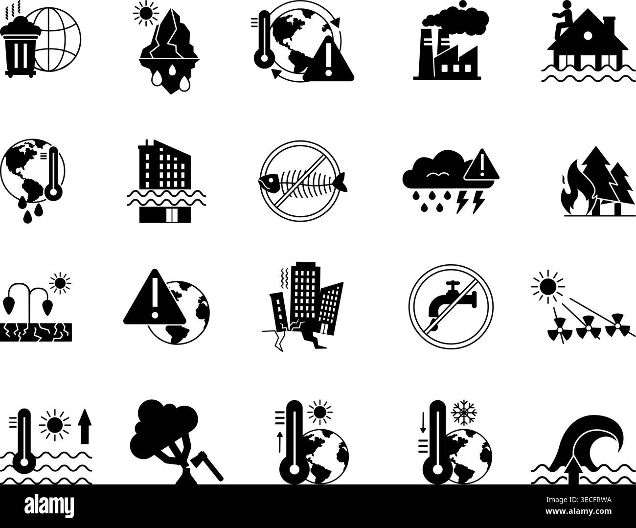 Black Climate Change Icon Set. Vector Icon Global Warming, Tsunami ...