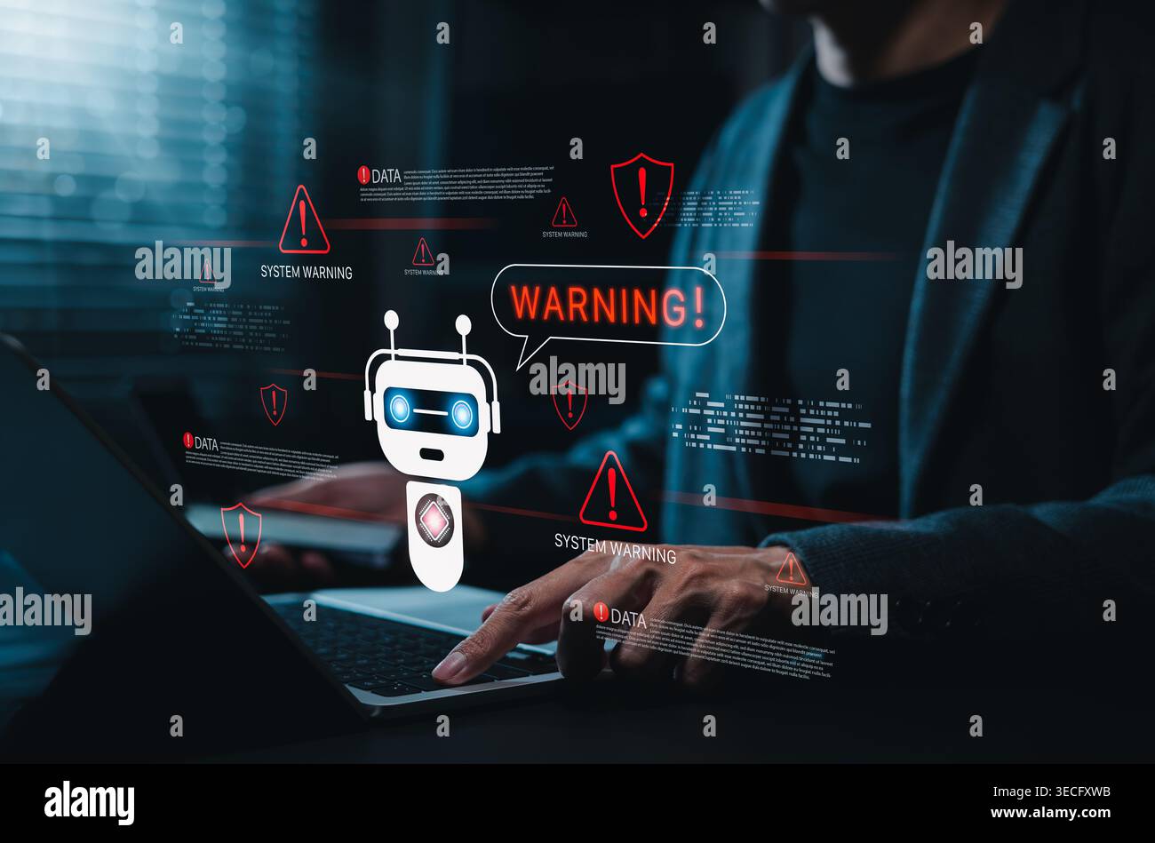 AI cybersecurity warning concept. Person using laptop with chatbot detects system threats, data breach alerts, malware risks, network errors, digital Stock Photo