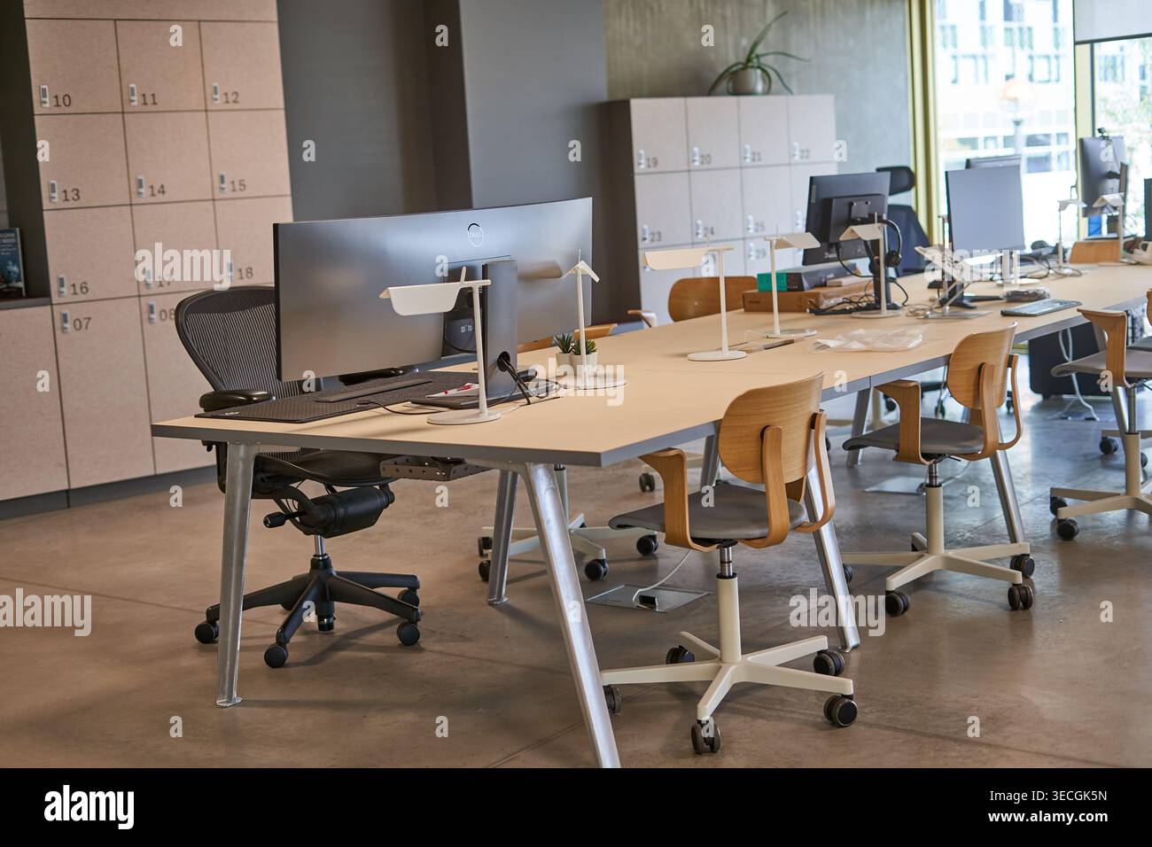 A modern office workspace interior featuring a long shared desk with multiple workstations equipped with Dell computer monitors, adjustable desk Stock Photo