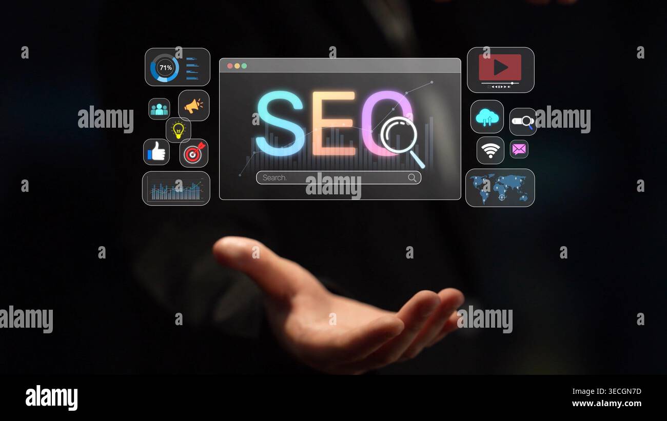 SEO concept for improving SEO visibility, with SEO related digital tools and SEO performance icons shown in an focused layout for strategic marketing Stock Photo