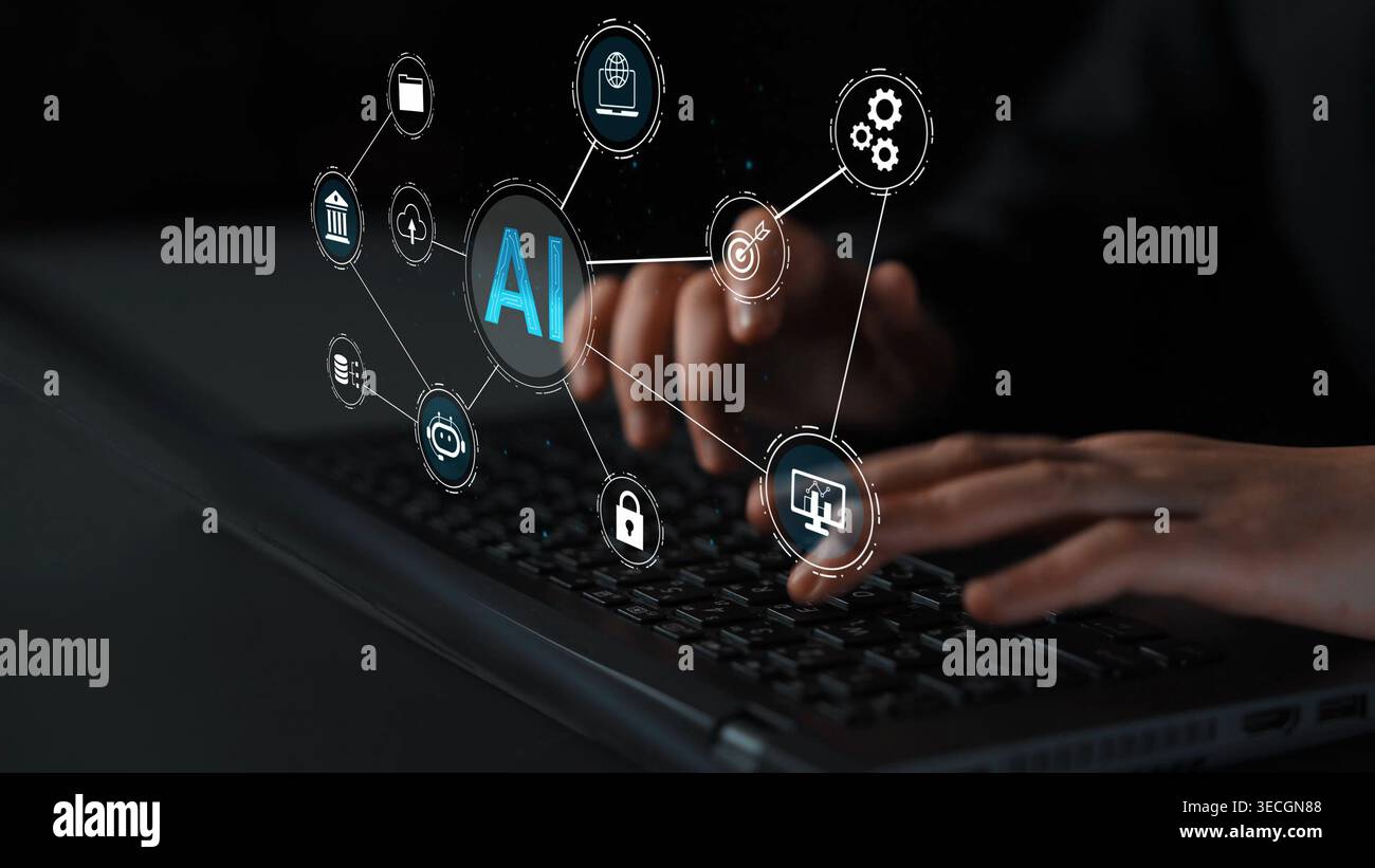 Person Typing on Keyboard with AI Icons, Digital Network Connections, Technology Concept for Innovation and Future, Modern Workspace, Creative Ideas Stock Photo