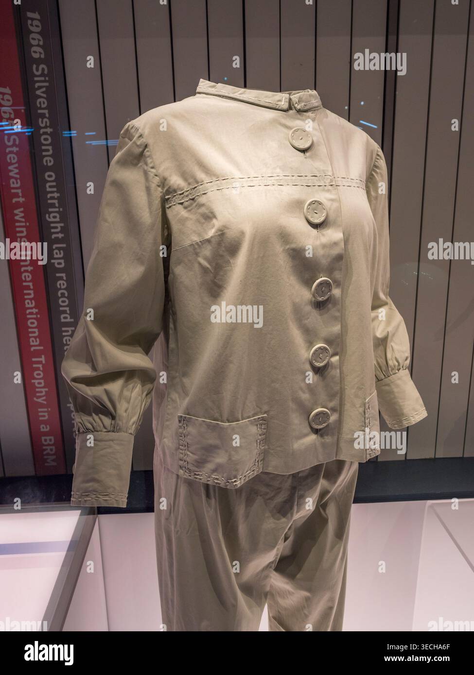 Racing fireproof suit (1960s) worn by Christabel Carlisle, Silverstone Museum, Silverstone Circuit, Silverstone, Towcester, UK. Stock Photo