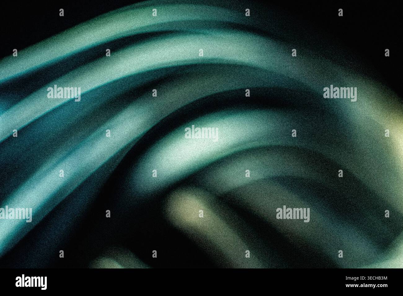 Curved teal and cyan grainy light patterns on black Stock Photo
